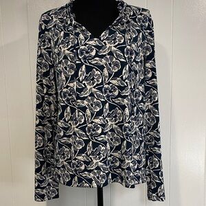 Banana Republic Blouse Long Sleeve Floral Ruffle Tie Green White Size Large